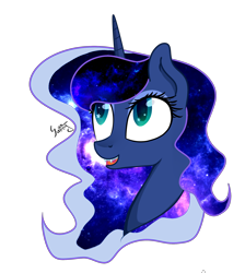 Size: 1836x2053 | Tagged: safe, artist:herusann, derpibooru import, princess luna, alicorn, pony, bust, ethereal mane, eyelashes, female, galaxy mane, horn, mare, simple background, smiling, solo, transparent background