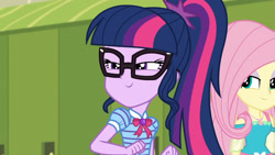 Size: 3410x1920 | Tagged: safe, derpibooru import, screencap, fluttershy, sci-twi, twilight sparkle, better together, equestria girls, holidays unwrapped, bowtie, female, geode of fauna, geode of telekinesis, glasses, high res, jewelry, lockers, magical geodes, necklace, o come all ye squashful, ponytail, smiling