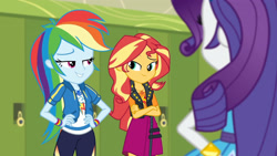 Size: 3410x1920 | Tagged: safe, derpibooru import, screencap, rainbow dash, rarity, sunset shimmer, better together, equestria girls, holidays unwrapped, bracelet, clothes, crossed arms, cutie mark, cutie mark on clothes, female, geode of empathy, geode of super speed, hand on hip, high res, hoodie, jacket, jewelry, leather, leather jacket, lockers, magical geodes, necklace, o come all ye squashful, rarity peplum dress, smiling