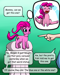 Size: 1400x1750 | Tagged: safe, artist:hipper-reed, derpibooru import, idw, megan williams, pinkie pie, earth pony, human, pony, spoiler:comic, spoiler:comic78, bad end, crying, dialogue, ears, eyes closed, female, floppy ears, gradient background, inanimate tf, ocular gushers, offscreen character, open mouth, sad, speech bubble, thought bubble, toy, transformation