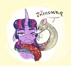 Size: 1500x1400 | Tagged: safe, artist:miyalaflordorada, derpibooru import, discord, twilight sparkle, draconequus, pony, snake, curved horn, ears, female, floppy ears, friendshipping, frown, heart, hisscord, horn, licking, one eye closed, ponytober, species swap, tongue, tongue out, unamused