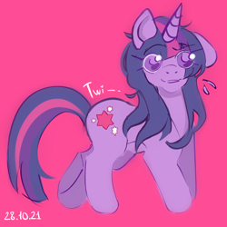 Size: 1600x1600 | Tagged: safe, artist:catuchino, derpibooru import, twilight sparkle, unicorn twilight, pony, unicorn, 2021, female, pink background, simple background, solo