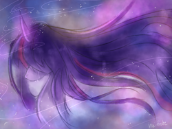 Size: 1112x834 | Tagged: safe, artist:inxinfate, derpibooru import, twilight sparkle, twilight sparkle (alicorn), alicorn, pony, unicorn, bust, crying, curved horn, female, horn, sad, solo, stars, the cosmos