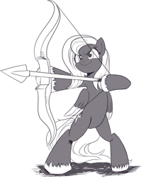 Size: 1424x1789 | Tagged: safe, artist:nauyaco, derpibooru import, oc, pegasus, pony, arrow, bipedal, bow (weapon), bow and arrow, dexterous hooves, female, mare, monochrome, solo, weapon