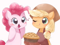 Size: 2061x1558 | Tagged: safe, artist:ginmaruxx, derpibooru import, applejack, pinkie pie, earth pony, pony, apple, apple pie, blushing, cute, diapinkes, duo, duo female, female, food, heart, jackabetes, mare, one eye closed, open mouth, open smile, pie, simple background, smiling, tongue, tongue out, white background