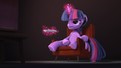 Size: 3840x2160 | Tagged: safe, artist:szczerbix, derpibooru import, twilight sparkle, twilight sparkle (alicorn), alicorn, pony, 3d, ears, floppy ears, remote control, solo, source filmmaker, television, tired, watching tv