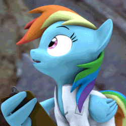 Size: 350x350 | Tagged: safe, artist:argodaemon, derpibooru import, rainbow dash, pegasus, pony, 3d, animated, clipboard, clothes, cropped, female, gif, implied rainbow factory, lab coat, mare, mouth hold, pencil, solo, source filmmaker, wing hands, wings, youtube link