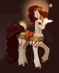 Size: 1751x2160 | Tagged: safe, artist:yanisfucker, derpibooru import, oc, oc only, earth pony, pony, adoptable, artificial horn, female, glowing, glowing horn, horn, mare, obtrusive watermark, raised hoof, raised leg, saddle, solo, tack, tail, tail wrap, watermark