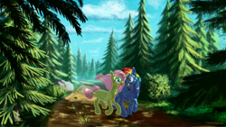 Size: 2560x1440 | Tagged: safe, artist:rockmedved, derpibooru import, fluttershy, rainbow dash, pegasus, pony, female, flutterdash, forest, lesbian, running, scenery, shipping, trail, tree