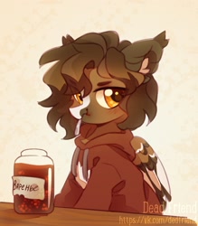 Size: 1895x2160 | Tagged: safe, artist:dedfriend, derpibooru import, oc, oc only, pegasus, clothes, cyrillic, eating, female, food, hoodie, jam, mare, russian, sitting, solo, spoon