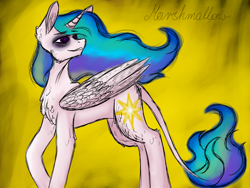 Size: 1280x960 | Tagged: safe, artist:sunshmallow, derpibooru import, princess celestia, alicorn, pony, bags under eyes, chest fluff, female, leonine tail, solo, tail