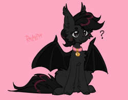 Size: 1560x1230 | Tagged: safe, artist:redslipp, derpibooru import, oc, oc only, oc:tar, oc:tar puddle, bat pony, pony, bat pony oc, behaving like a cat, bell, bell collar, blushing, cheek fluff, chest fluff, collar, cute, female, fluffy, mare, pet, pink background, pony pet, question mark, simple background, sitting, smiling, solo, spread wings, wings