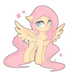Size: 1500x1500 | Tagged: safe, artist:kreedie, derpibooru import, fluttershy, butterfly, pegasus, pony, chest fluff, cute, ears, female, floppy ears, looking at you, mare, shyabetes, simple background, smiling, solo, spread wings, standing, three quarter view, white background, wings