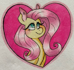 Size: 1024x968 | Tagged: safe, artist:lacedra, derpibooru import, fluttershy, pony, blushing, bust, colored ears, eyelashes, female, heart, looking away, looking up, mare, portrait, solo, three quarter view, traditional art