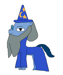 Size: 1280x1502 | Tagged: safe, artist:blazewing, derpibooru import, oc, oc only, oc:syntax, unicorn, clothes, costume, disney, drawpile, fake beard, glasses, halloween, halloween 2021, hat, holiday, male, nightmare night, nightmare night 2021, simple background, smiling, solo, stallion, white background, wizard hat, wizard robe, yen sid