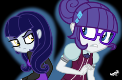 Size: 980x646 | Tagged: safe, artist:mysterycorner, derpibooru import, moonlight raven, rarity, equestria girls, friendship games, alternate hairstyle, alternate universe, equestria girls-ified, female, glasses, looking at each other, simple background
