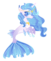 Size: 1280x1525 | Tagged: safe, artist:tuttyfruitcutie, derpibooru import, oc, oc only, seapony (g4), unicorn, base used, blue eyes, blue mane, bubble, commission, dorsal fin, female, fins, fish tail, flowing mane, flowing tail, horn, jewelry, looking at you, necklace, regalia, scales, seaponified, simple background, smiling, solo, species swap, tail, transparent background