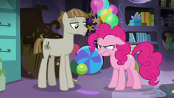 Size: 1280x720 | Tagged: safe, derpibooru import, screencap, mudbriar, pinkie pie, earth pony, pony, season 8, the maud couple, angry, duo, frustrated, male, mane, party cave, pinkie pie is not amused, stallion, unamused