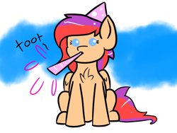 Size: 1024x768 | Tagged: safe, artist:tranzmuteproductions, derpibooru import, oc, oc only, pegasus, pony, abstract background, chest fluff, eyelashes, female, hat, mare, party hat, party horn, pegasus oc, wings