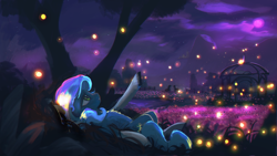 Size: 3840x2160 | Tagged: safe, artist:hierozaki, derpibooru import, oc, oc only, earth pony, firefly (insect), insect, pony, moon, night, scenery, tree