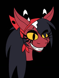 Size: 960x1280 | Tagged: safe, artist:sparkplugthefox, derpibooru import, demon, demon pony, pony, bandana, evil grin, female, grin, head, helluva boss, horns, imp, mare, ponified, sallie may, smiling, solo, transgender