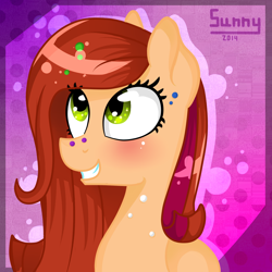 Size: 1840x1840 | Tagged: safe, artist:herusann, derpibooru import, oc, oc only, earth pony, pony, abstract background, buat, bust, earth pony oc, eyelashes, female, grin, mare, smiling