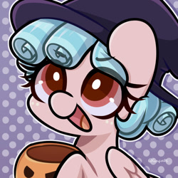 Size: 1000x1000 | Tagged: safe, artist:goyini01, derpibooru import, cozy glow, pegasus, pony, commission, cozybetes, cute, female, filly, foal, hat, pumpkin bucket, solo, witch hat, ych result