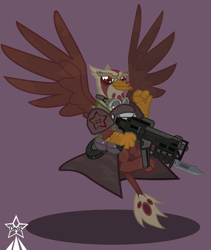 Size: 4245x5021 | Tagged: safe, artist:devorierdeos, derpibooru import, oc, oc only, griffon, fallout equestria, armor, armor skirt, bayonet, clothes, combat knife, flying, griffon oc, gun, military, military uniform, paws, pouch, red eye army, red eyes, simple background, skirt, spread wings, submachinegun, uniform, war paint, weapon, wings