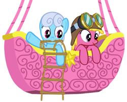 Size: 755x610 | Tagged: safe, artist:azgchip, derpibooru import, cherry berry, linky, shoeshine, earth pony, pony, digital art, duo, female, goggles, hot air balloon, ladder, mare, mouth hold, simple background, transparent background, waving