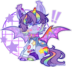 Size: 1546x1430 | Tagged: safe, artist:glittermunchie, derpibooru import, oc, alicorn, bat pony, bat pony alicorn, pony, base used, bat wings, clothes, colored horn, horn, rainbow horn, solo, starry eyes, wingding eyes, wings