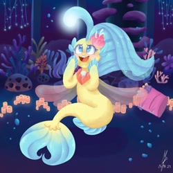Size: 1024x1024 | Tagged: safe, artist:mappyprang22, derpibooru import, princess skystar, seapony (g4), my little pony: the movie, blue eyes, blue mane, blushing, bubble, clothes, coral, digital art, dorsal fin, female, fin wings, fins, fish tail, flower, flower in hair, flowing mane, flowing tail, freckles, glowing, jewelry, looking up, necklace, ocean, open mouth, open smile, pearl necklace, red wings, seaquestria, seashell, seaweed, see-through, signature, smiling, solo, tail, teeth, underwater, water, wings
