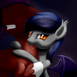 Size: 1250x1250 | Tagged: safe, alternate version, artist:renatethepony, derpibooru import, oc, oc only, oc:echo, bat pony, pony, bat pony oc, duo, eyelashes, female, gritted teeth, male, mare, neck bite, stallion, unshorn fetlocks