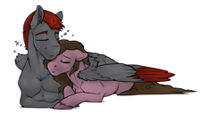 Size: 1094x561 | Tagged: safe, artist:royvdhel-art, derpibooru import, oc, oc only, pegasus, pony, colored wings, eyes closed, hug, lying down, male, pegasus oc, prone, simple background, sleeping, snuggling, stallion, two toned wings, white background, winghug, wings