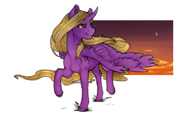 Size: 1257x818 | Tagged: safe, artist:royvdhel-art, derpibooru import, oc, oc only, alicorn, alicorn oc, horn, looking back, raised hoof, raised leg, simple background, smiling, sunset, white background, wings