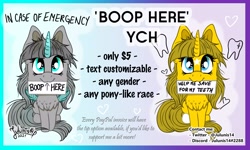 Size: 4096x2464 | Tagged: safe, artist:julunis14, derpibooru import, oc, oc:ayza, alicorn, pony, unicorn, advertisement, boop, commission, paper, text, your character here, your character here auction