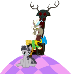 Size: 3572x3686 | Tagged: safe, artist:bubblestormx, artist:tourniquetmuffin, artist:wardex101, derpibooru import, edit, discord, twilight sparkle, unicorn twilight, draconequus, pony, unicorn, the return of harmony, bad end, chaos, crossed legs, crying, discord's throne, discorded, discorded landscape, discorded twilight, duo, evil grin, female, frown, grin, high res, male, mare, sad, simple background, sitting, smiling, throne, transparent background, vector, vector edit, youtube link