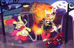 Size: 1400x906 | Tagged: safe, artist:pixelkitties, derpibooru import, apple bloom, big macintosh, bat, earth pony, pony, skeleton pony, bone, chains, fire, full moon, ghost rider, halloween, holiday, macintosh apple: the ghost rider, moon, scooter, skeleton