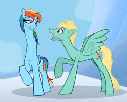 Size: 1280x1027 | Tagged: safe, artist:astr0zone, derpibooru import, rainbow dash, zephyr breeze, pegasus, pony, bedroom eyes, cloud, female, height difference, impossibly long neck, jaw drop, long neck, looking at each other, male, mare, necc, on a cloud, open mouth, raised hoof, raised leg, shipping, shocked, smiling, smirk, smug, spread wings, straight, stretchy, tall, wingboner, wings, zephdash