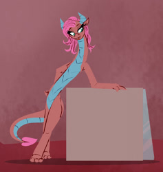 Size: 1215x1280 | Tagged: safe, artist:astr0zone, derpibooru import, mina, dragon, dragoness, female, lanky, leaning, long neck, necc, open mouth, open smile, shelf, smiling, smug, solo, stretchy, tall, thin