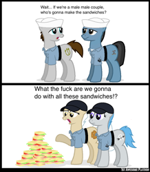 Size: 876x1005 | Tagged: safe, artist:topkick, derpibooru import, 1st awesome platoon, female, food, gay couple, male, mare, sandwich, stallion, u.s navy, vulgar