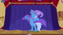 Size: 1280x720 | Tagged: safe, derpibooru import, screencap, trixie, pony, unicorn, boast busters, cape, clothes, eyes closed, female, hat, open mouth, solo, t pose, trixie's cape, trixie's hat
