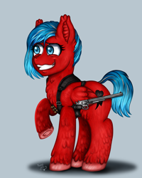 Size: 3200x4000 | Tagged: safe, artist:yumomochan, derpibooru import, pegasus, fallout equestria, ammunition, commission, crazy face, crazy smile, ear fluff, ears, faic, female, full body, gun, handgun, harness, mare, original character do not steal, revolver, short hair, short tail, standing, tack, tail, teeth, weapon