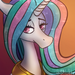 Size: 900x900 | Tagged: safe, artist:shlobba, derpibooru import, princess celestia, alicorn, pony, bust, female, gradient background, lidded eyes, mare, peytral, portrait, solo