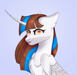 Size: 1281x1248 | Tagged: safe, artist:pokaparida, derpibooru import, oc, oc:star wolf, alicorn, pony, blue background, bust, female, mare, portrait, simple background, solo