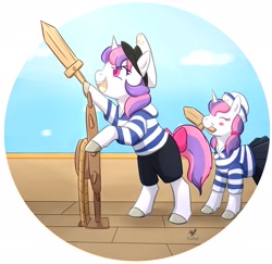 Size: 2173x2112 | Tagged: safe, artist:foxhatart, derpibooru import, oc, oc only, oc:penelope, oc:peridrop, pony, unicorn, clothes, female, filly, foal, mare, mouth hold, not sweetie belle, partial background, sailor uniform, uniform, wooden sword