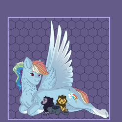 Size: 2048x2048 | Tagged: safe, artist:rainydayjitters, derpibooru import, rainbow dash, oc, griffon, pony, foalsitter, griffon oc, lying down, offspring, parent:gilda, prone, trio