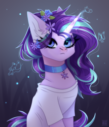 Size: 3168x3686 | Tagged: safe, artist:elektra-gertly, derpibooru import, starlight glimmer, pony, unicorn, clothes, cute, eye clipping through hair, female, flower, flower in hair, glimmerbetes, glowing, glowing horn, high res, horn, jewelry, mare, necklace