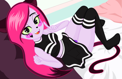 Size: 2461x1592 | Tagged: safe, artist:machakar52, artist:yaya54320bases, derpibooru import, cat, equestria girls, base used, clothes, ears, equestria girls-ified, female, pinky (teen-z), skirt, socks, solo, stocking feet, stockings, tail, teen-z, thigh highs