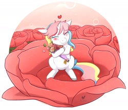 Size: 1512x1308 | Tagged: safe, artist:foxhatart, derpibooru import, oc, oc:melody, pony, unicorn, blushing, bow, eyes closed, female, flower, heart, mare, partial background, solo, tail, tail bow