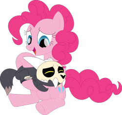 Size: 3581x3377 | Tagged: safe, artist:porygon2z, derpibooru import, pinkie pie, earth pony, pony, confrontation, cute, daaaaaaaaaaaw, king (the owl house), open mouth, open smile, scared, simple background, smiling, the owl house, transparent background
